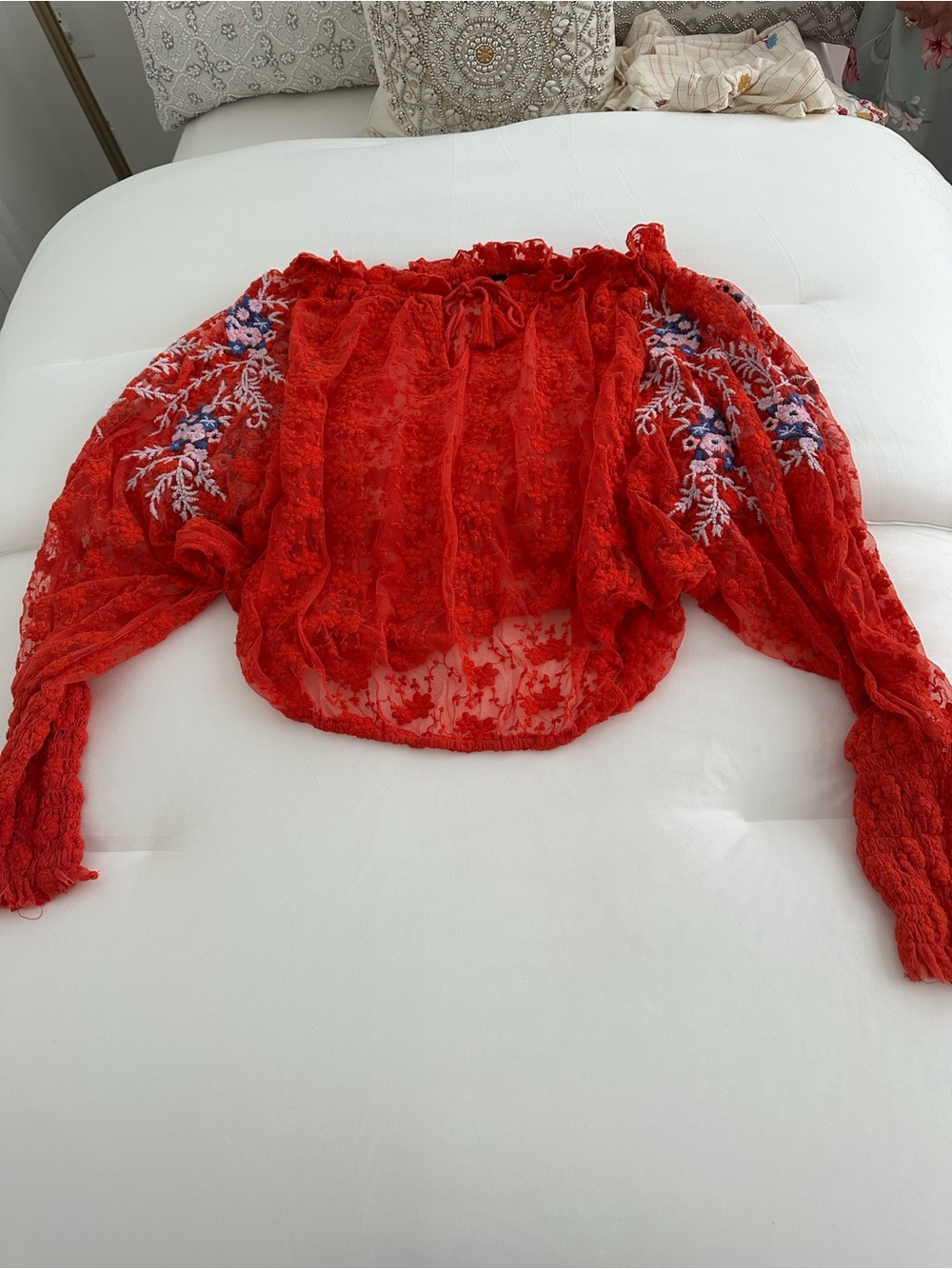 Free People medium Red Off-Shoulder Lace Blouse with Embroidered Sleeves cropped